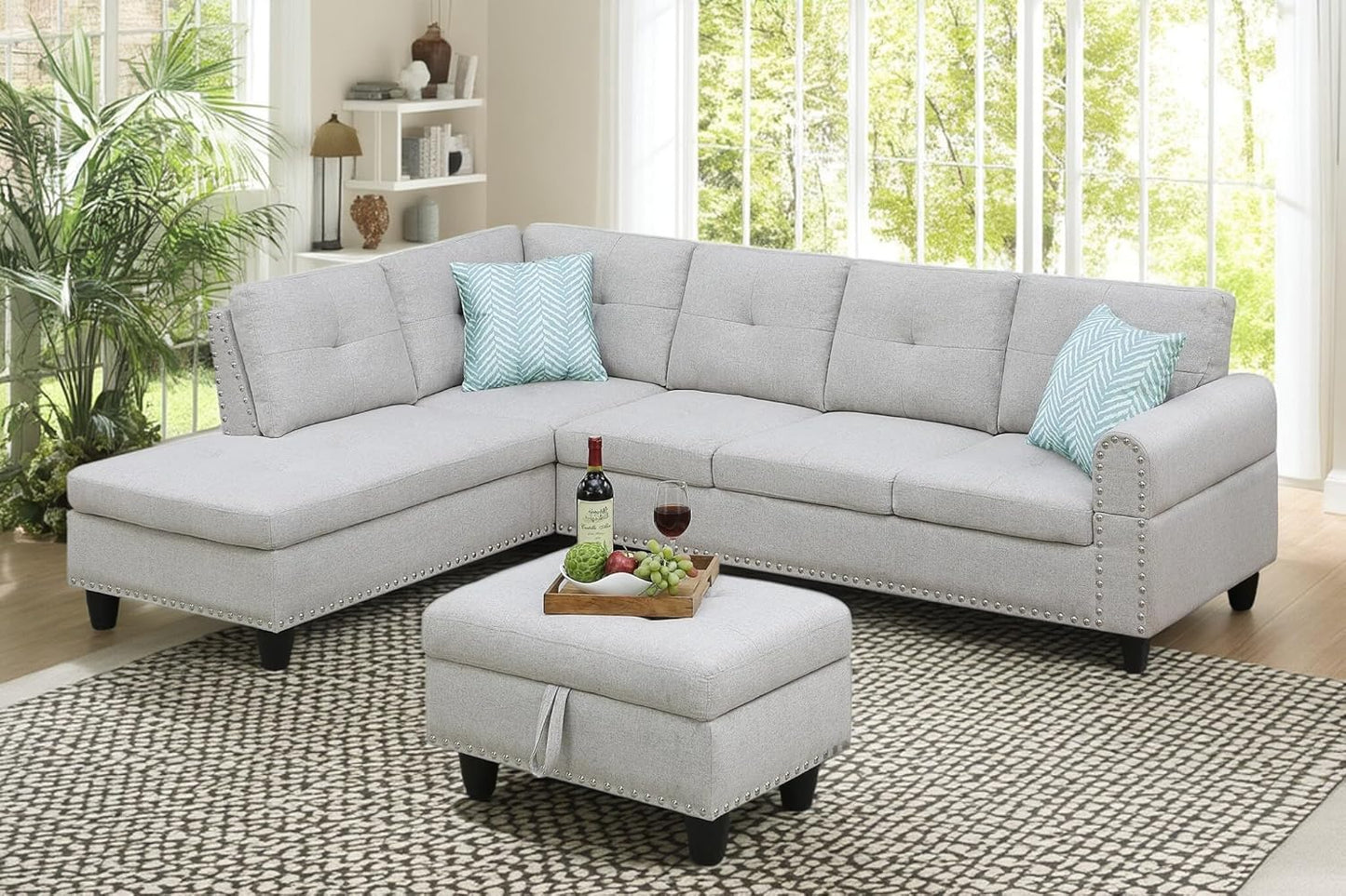 98 Inch L Shaped Sectional Sofa with Chaise Lounge, Storage Ottoman and 2 Pillows, 4-Seaters Linen Upholstered Tufted Couch w/Cupholder & Nailhead Trim for Living Room, Office, Light Gray