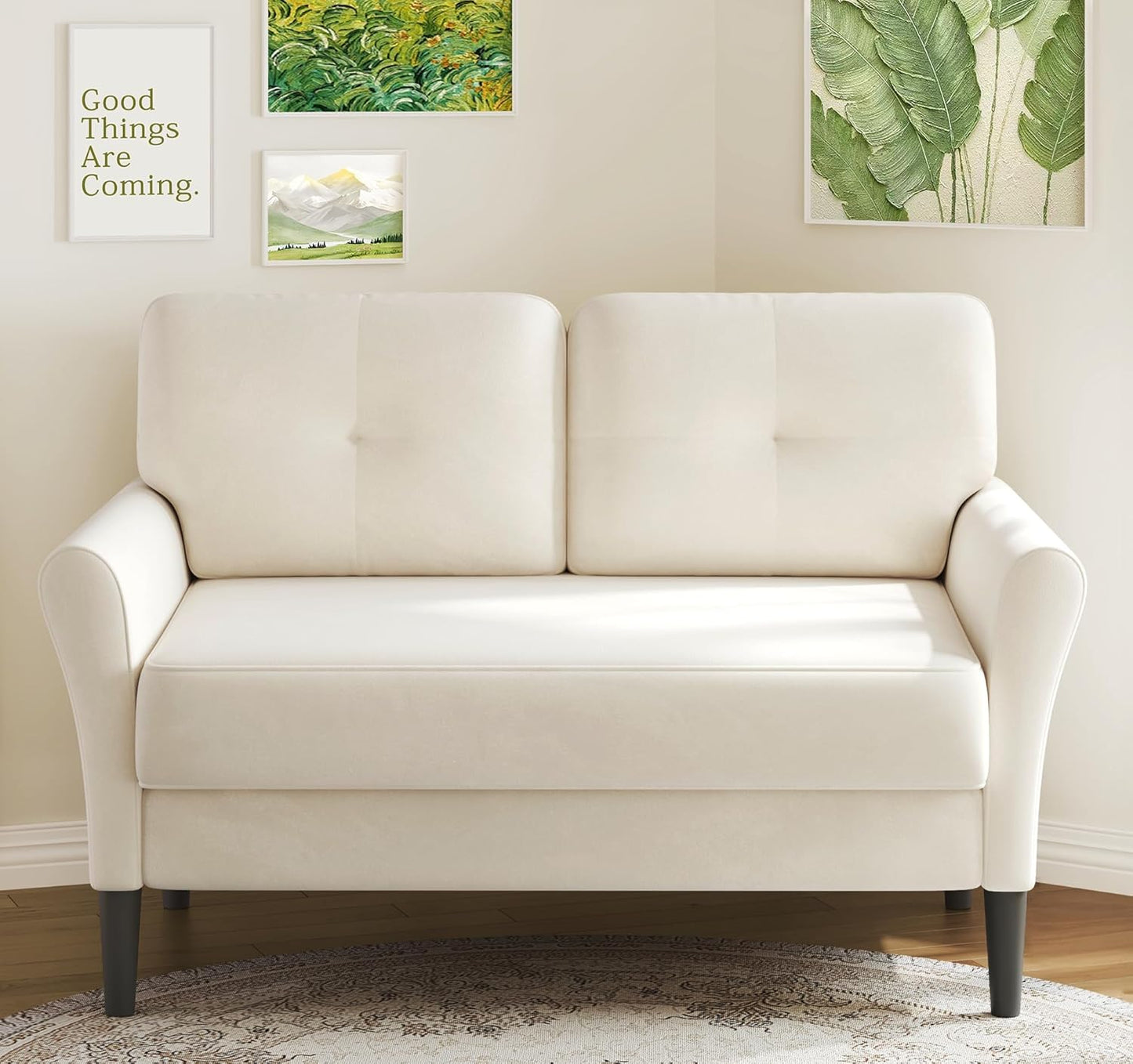 Small Sofa Couch, 48" Loveseat Sofa, Soft Velvet Love Seat Couches, Small Couch for Bedroom with 21" Deep Seat, Comfy Couches for Living Room, Tool-Free Setup Sofas for Living Room, White