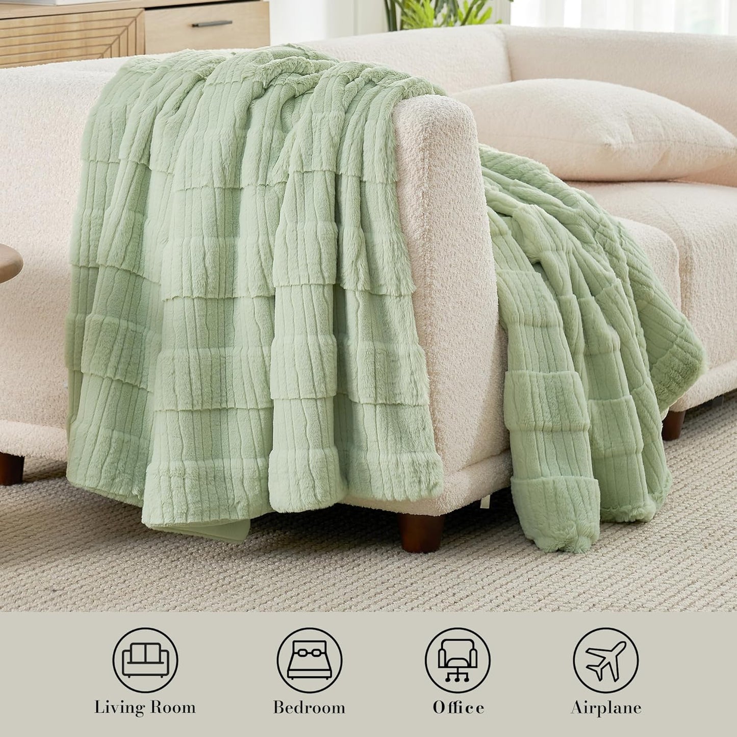Amélie Home Luxury Striped Faux Fur Throw Blanket for Couch, Embossed Split Fur Cozy Fuzzy Fluffy Luxurious Soft Plush Sofa Chair Bed Gift Blankets for Women Men Wife Friend, 88"x90", Sage Green