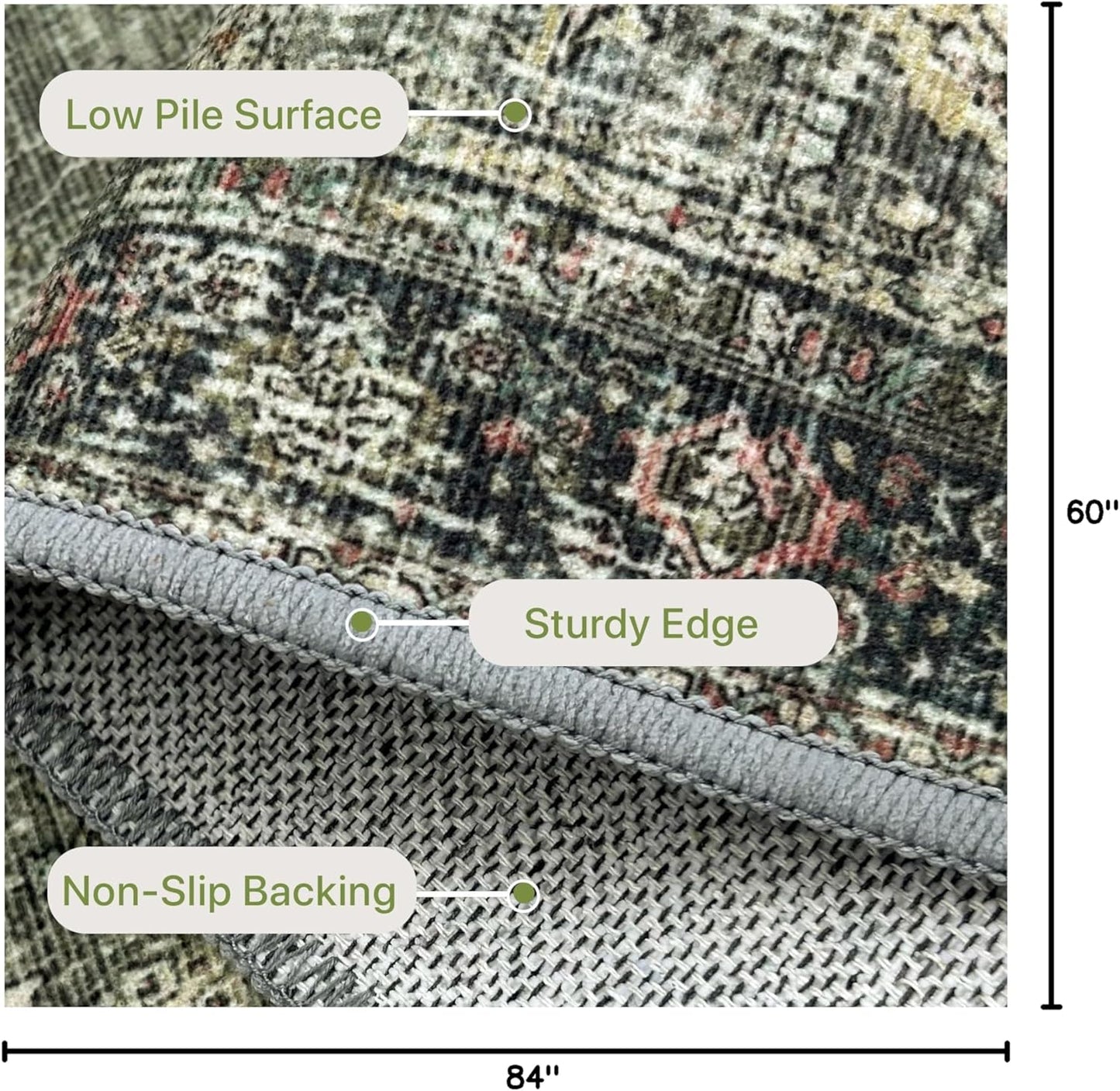 5X7 Area Rugs Machine Washable Rugs for Living Room, Vintage Boho Large Rugs for Bedroom Dining Room, Non Slip Indoor Soft Distressed Lightweight Thin Low Pile Carpet, Green