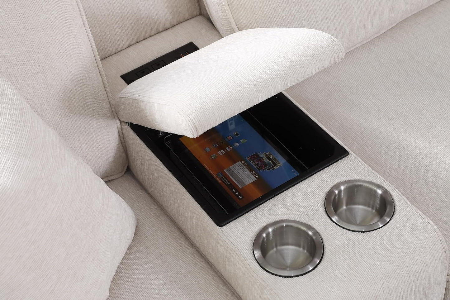 127" L-Shaped Sectional Couch with Movable Ottoman & 6 Throw Pillows,7 Seat Chenille Upholstered Sofa W/2 Cup Holder,USB Port & Hidden Storage Box,DIY Combination,for Living Room,Apartment,Beige