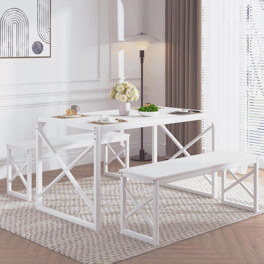 VECELO Kitchen Dining Table Set for 4 to 6, 55" Wood Dinette 2 Benches with Metal Frame for Dinner Breakfast Nook and Small Space, White