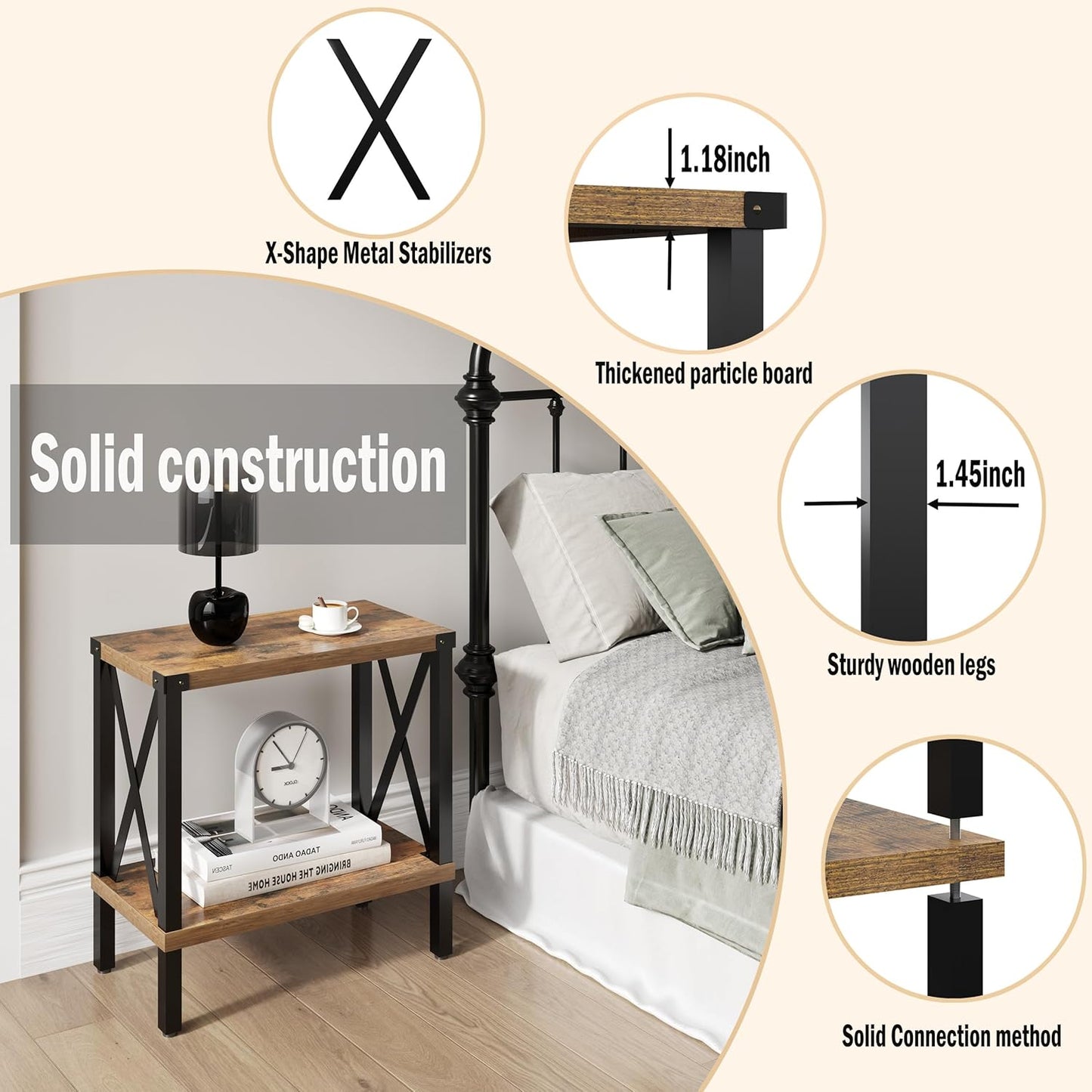 Narrow End Table, Large Sofa Side Table, Farmhouse Nightstand with Storage Shelve, Slim Bedside Table for Living, Room Bedroom, Lounge Rustic Brown MLBZ17R