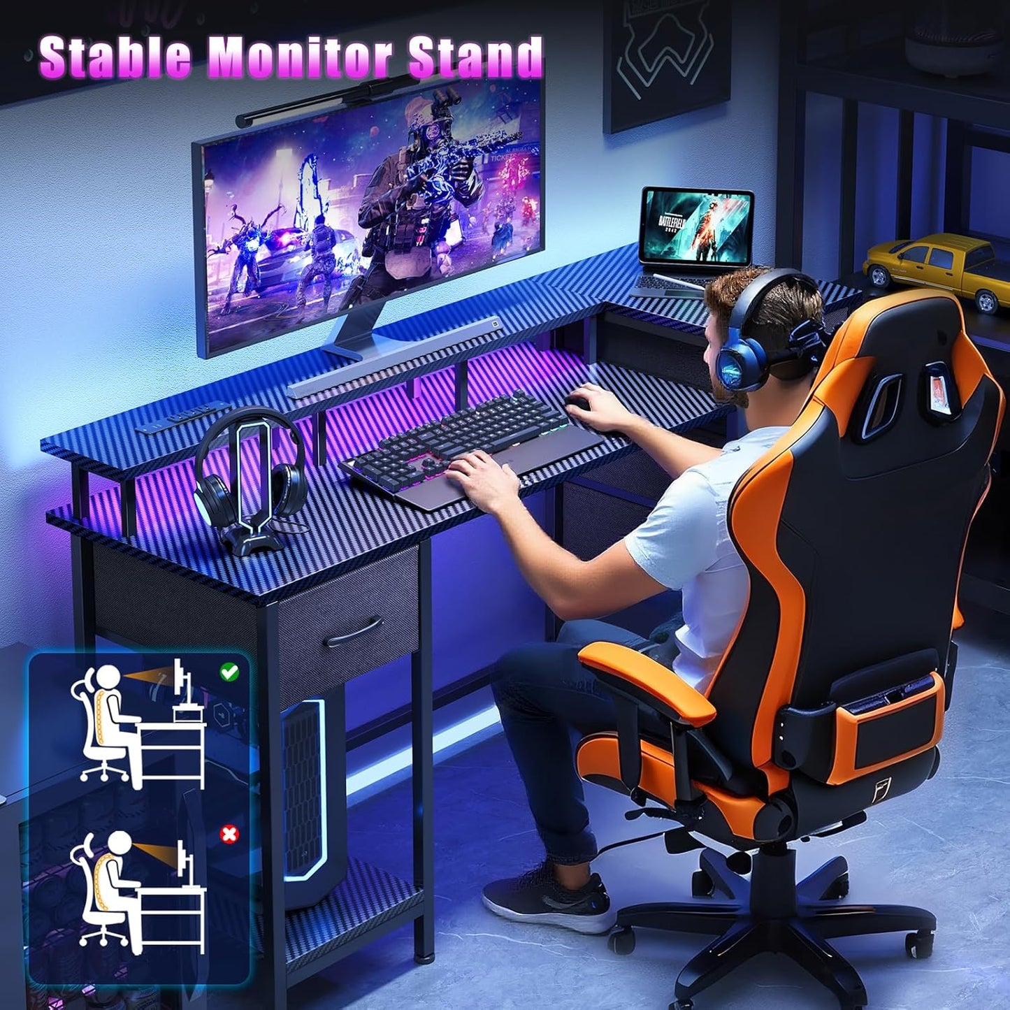 55 Inch Computer Gaming Desk with Power Outlets LED Lights, Reversible Home Office with Adjustable Fabric Storage Drawers for Working Writing Study,Carbon Fiber Black