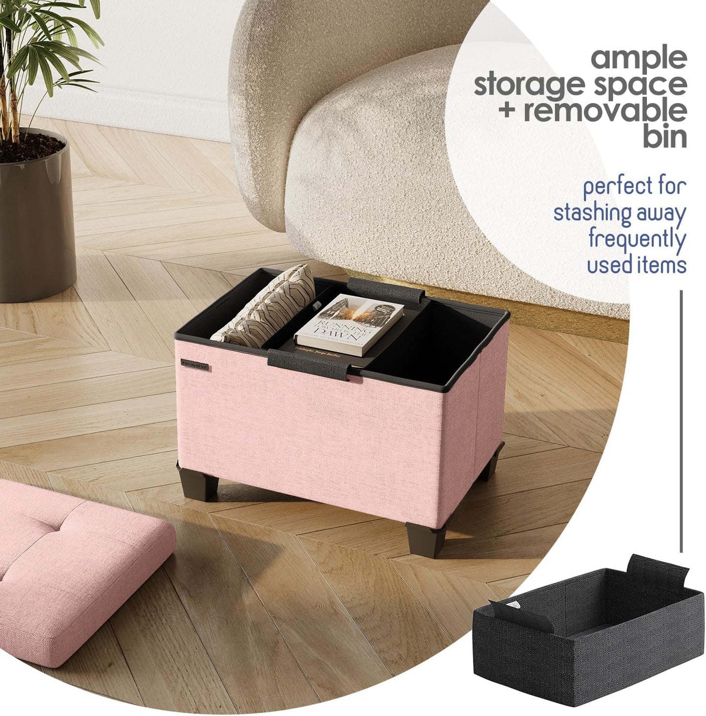 STORAGEBUD Storage Ottoman Cube with Small Bin, 16-in Square Ottoman with Storage for Living Room and Bedroom, Small Ottomans Foot Rest, Fabric Foot Stools Ottomans Max 330lbs, Pink