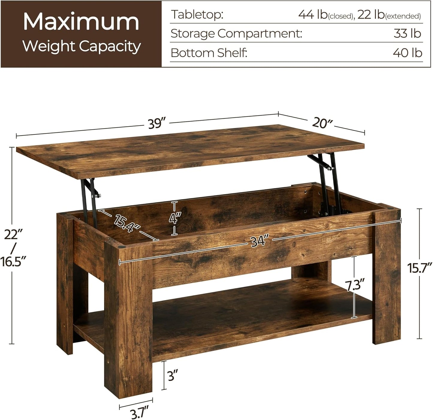 Yaheetech Vintage Coffee Table, Lift Top Coffee Table with Large Hidden Storage Shelf, Lift Tabletop Dining Table for Living Room, Home Small Space, 38.6in, Rustic Brown