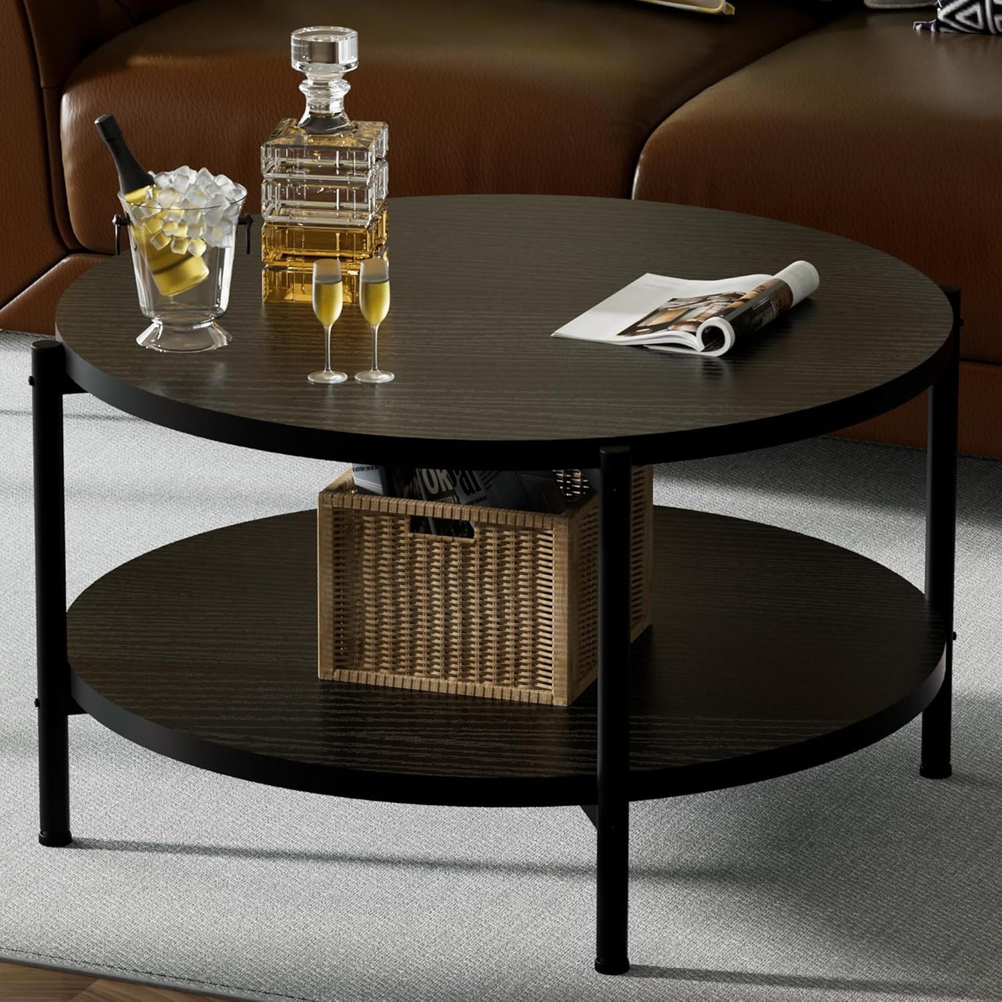 Round Coffee Table, 27.6" Circle Coffee Table for Living Room, 2-Tier Wood Accent Center Table with Open Storage Industrial Design Home Furniture, Black