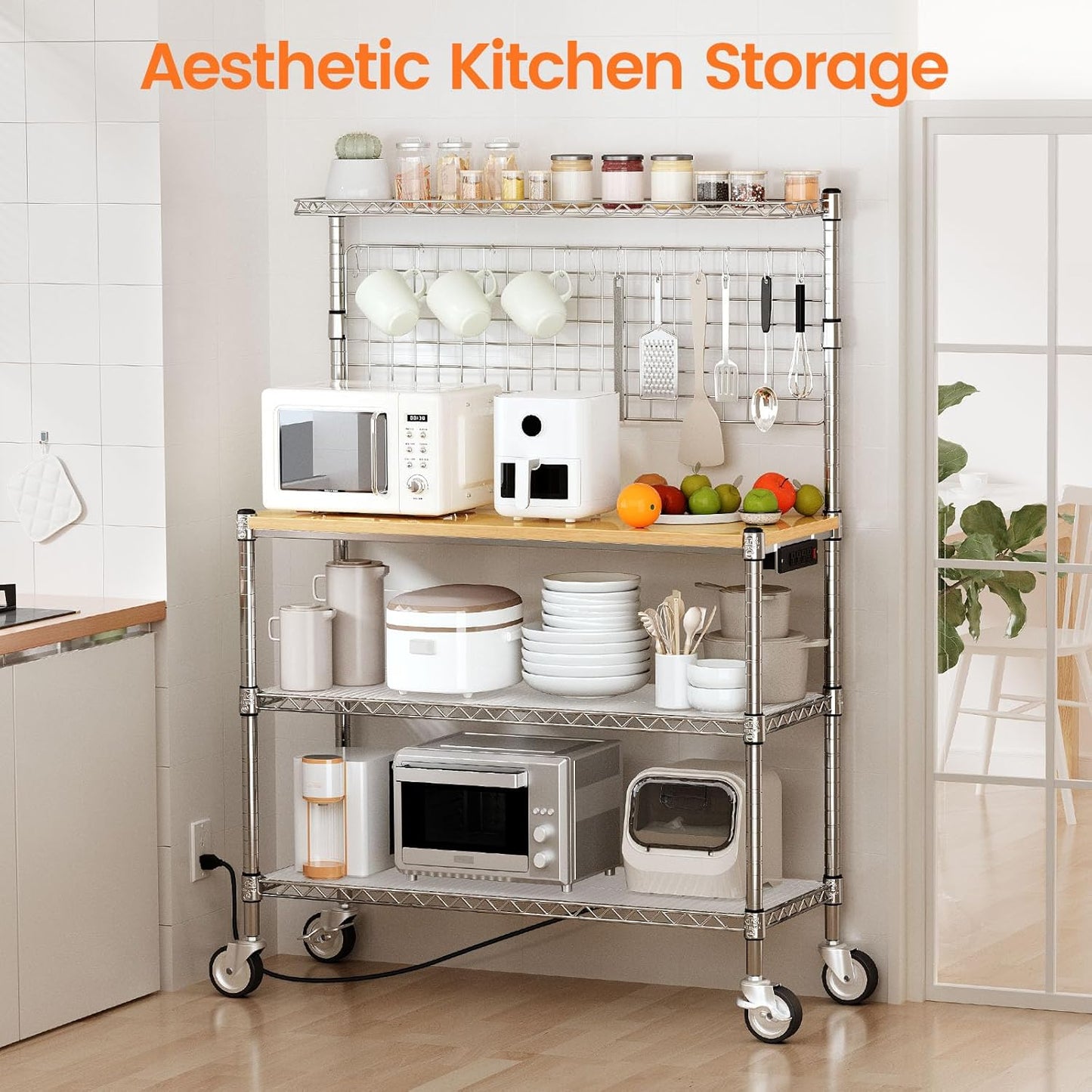 Leteuke Bakers Rack with Power Outlet & Storage, 36 Inch Microwave Stand Kitchen Cart, 4-Tier Metal Kitchen Shelves Cart with Wheels & 20 S-Hooks for Kitchen, NSF Certified, 63 x 18 x 36 Inch-Chrome