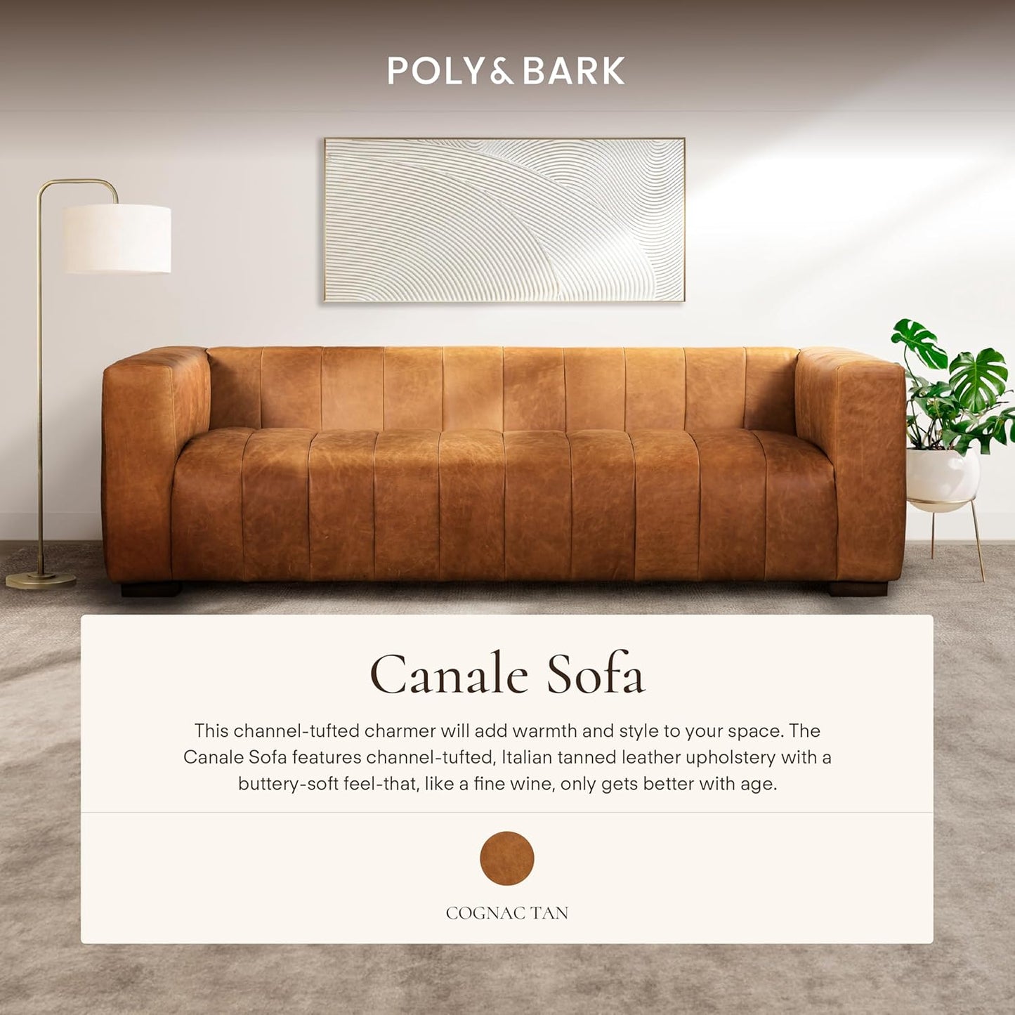 Poly & Bark Canale Leather Couch - 86 Inch Sofa - Full-Grain Channel Tufted Leather Sofa for Living Room - Living Room Couch - Pure Aniline Vintage Italian Leather in Cognac Tan