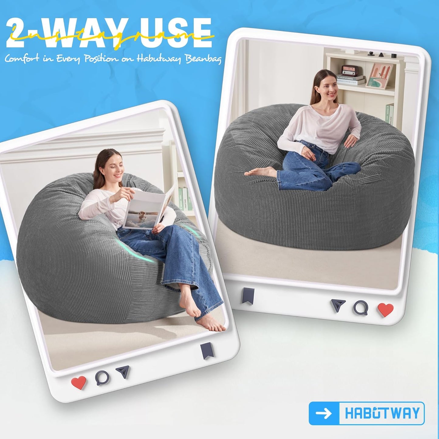 HABUTWAY 3FT Bean Bag Chair,Giant Bean Bag Chairs for Adults,Big Bean Bags with Memory Foam Filled, Large Beanbag Chairs with Soft Corduroy Cover-Grey