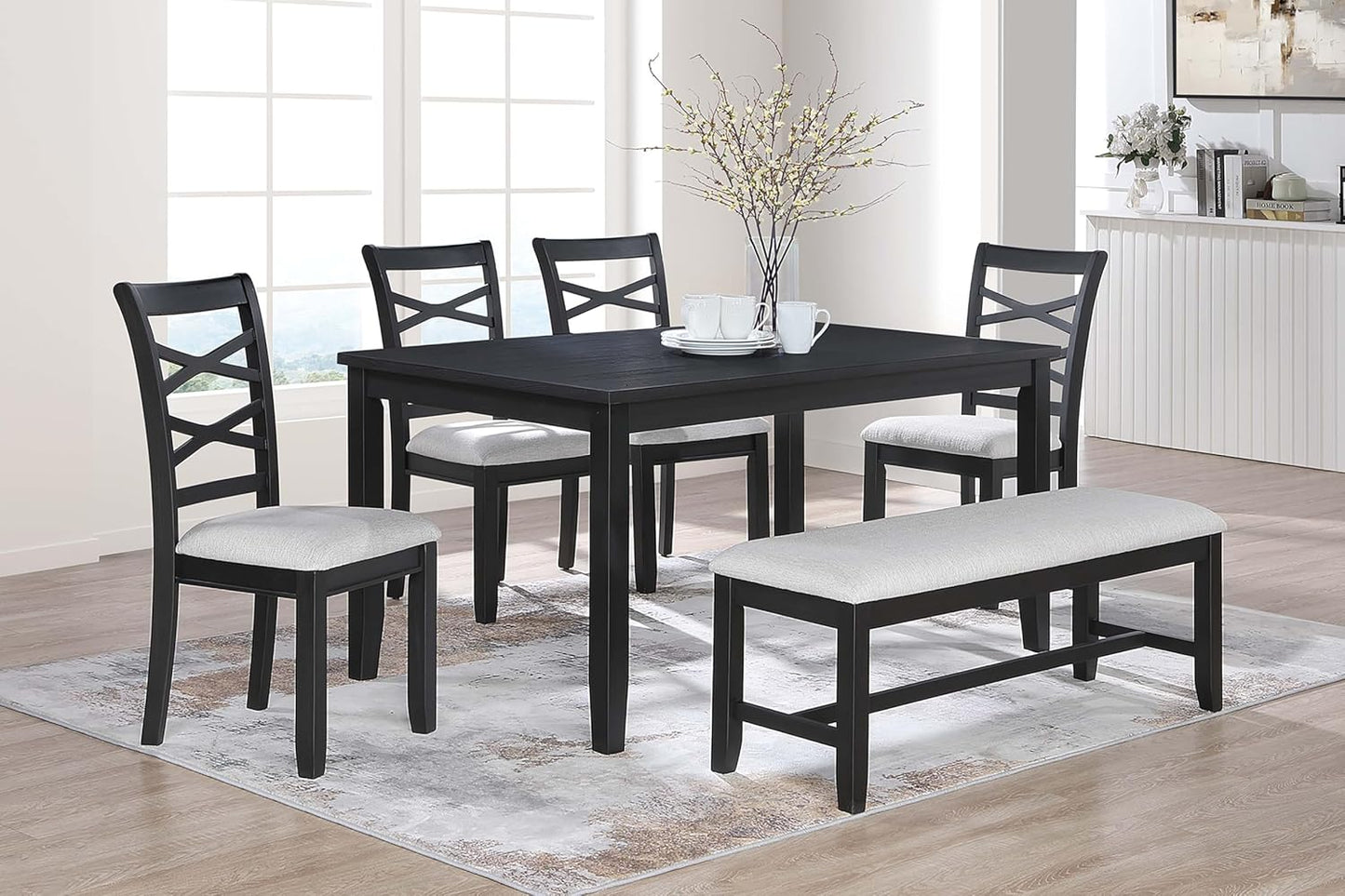 Poundex 6 Piece Charcoal Modern Dining Set with Table, 4 Chairs & Bench
