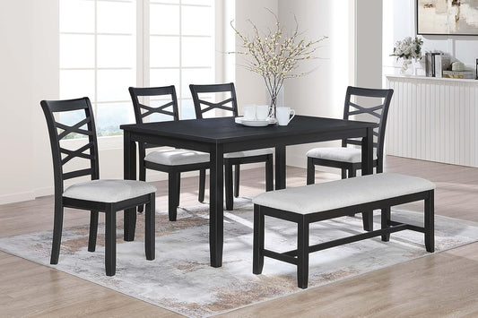 Poundex 6 Piece Charcoal Modern Dining Set with Table, 4 Chairs & Bench
