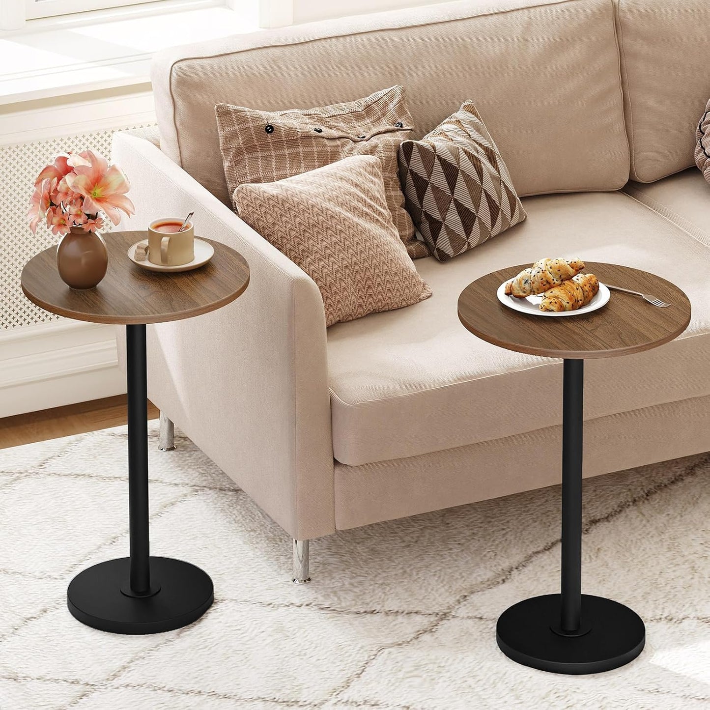 Round Side End Table for Small Spaces, Pedestal Style Martini Drink Side Table in Living Room, Bedroom, Dormitory, Walnut and Black ET30BH