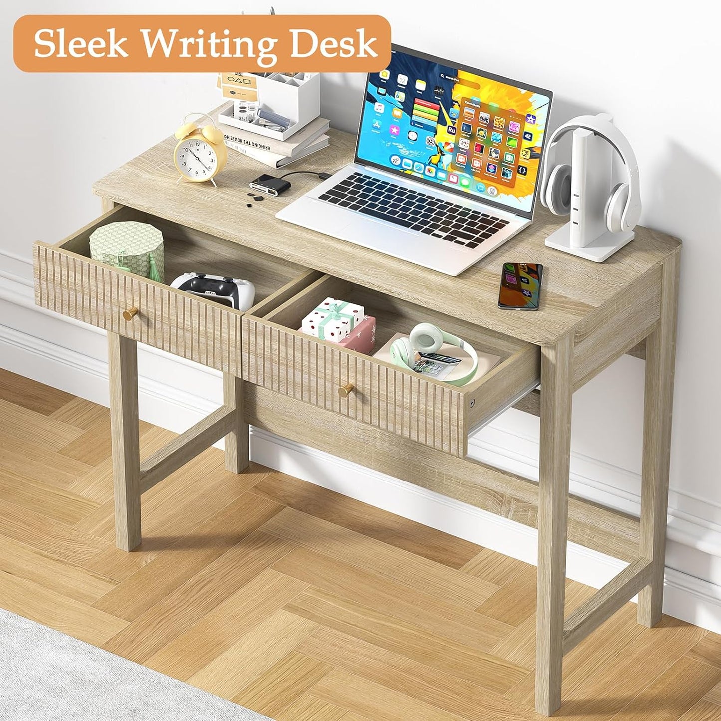 Fluted Writing Desk with Drawers, Makeup Vanity Desk for Bedroom, 40 Inch Home Office Computer Desk with Storage Drawers, Small Console Table