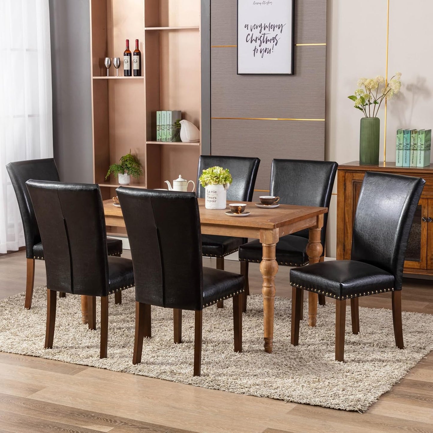 COLAMY Upholstered Parsons Dining Chairs Set of 6, PU Leather Dining Room Kitchen Side Chair with Nailhead Trim and Wood Legs - Black