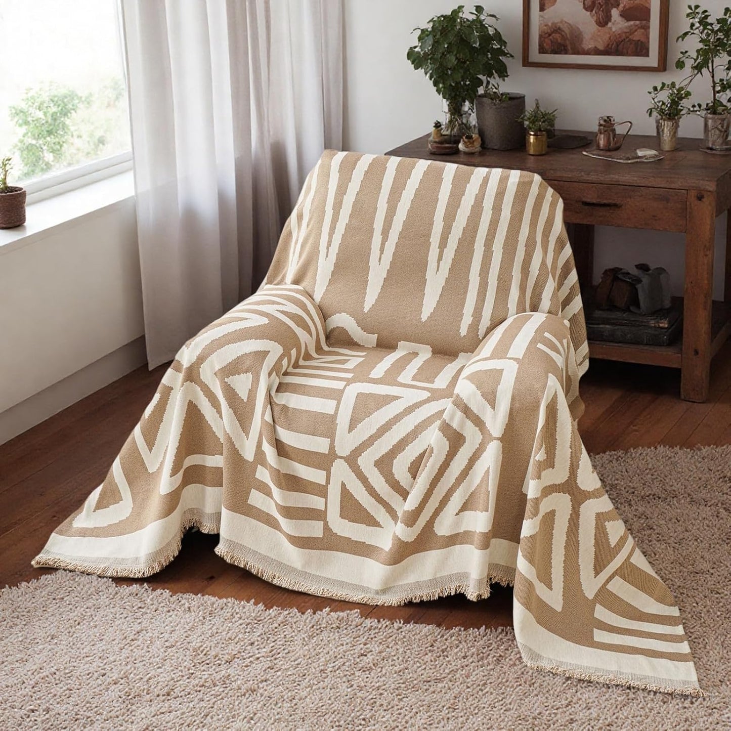 STACYPIK Durable Khaki Couch Covers for Dog Boho L Shape Armchair Slipcovers Tassels Couch Protector for 1 Cushion Couch Reversible Geometric Sofa Cover Anti Slip Multi-Use Couch Cover Blanket-71X71IN