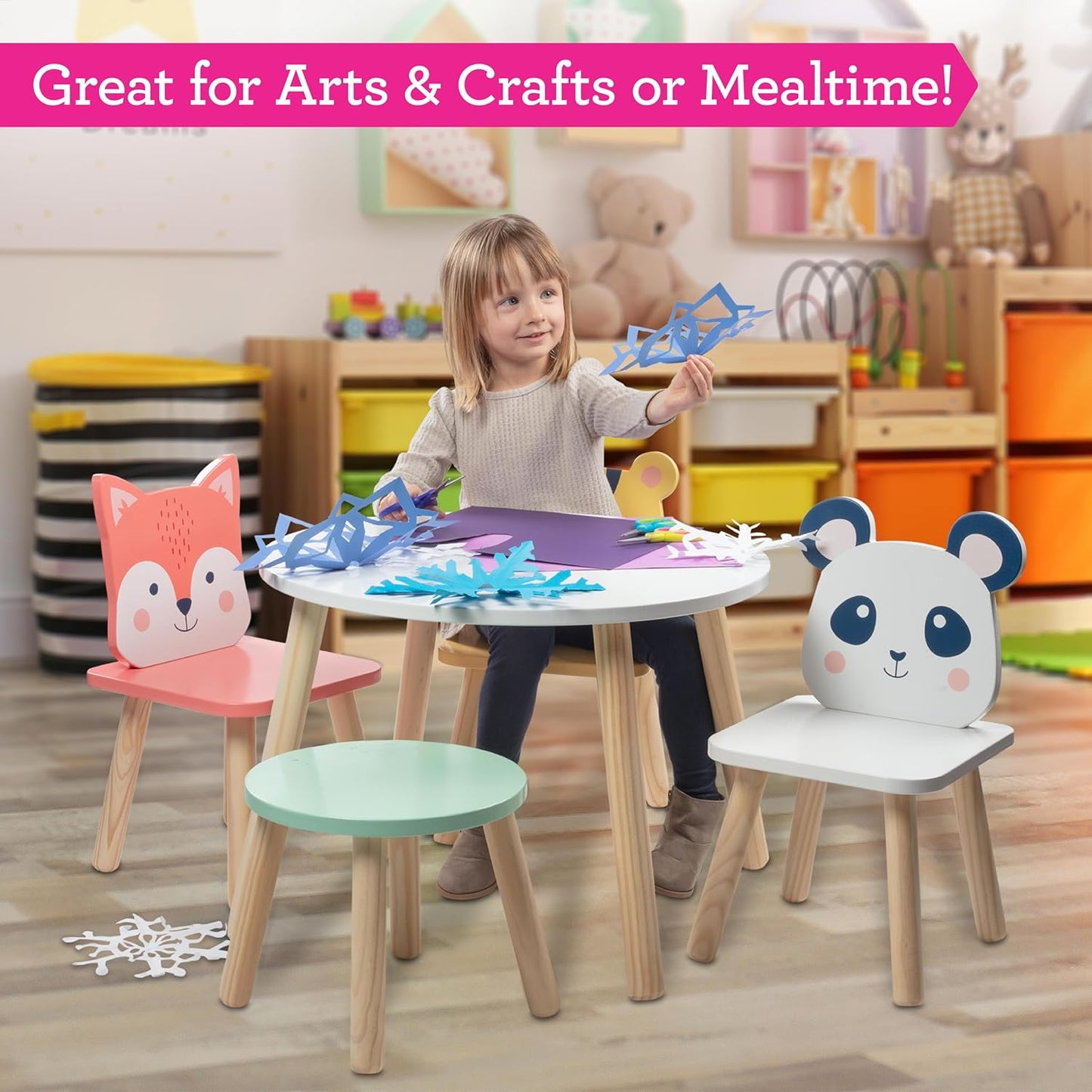 Kids Wooden Animal Table & Chair Set w 4 Seats- Tiger Panda & Fox Plus Adult Stool for Arts Crafts, Dining, Pretend Play- Durable Playroom Furniture for Home Daycare Classroom- Toddler Activity Center