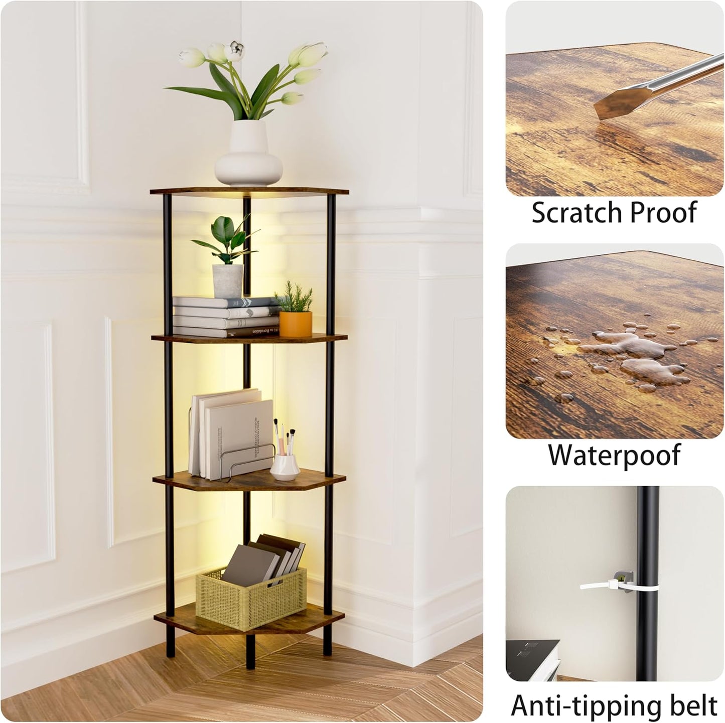 Corner Shelf Stand, Storage Standing Shelf Unit with Metal Frame, Narrow Bookshelf with LED Light Brown Plant Display Stand, Multi Unit Organizer Corner Cabinet for Bedroom, Living Room (4 Tier)