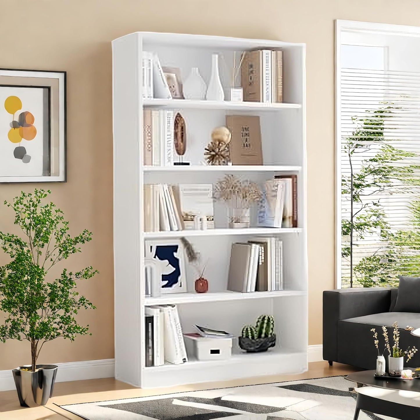 Bookshelf, 5 Wooden Book Shelf Bookcase with Freestanding Display Storage, Open Modern Bookshelf for Bedroom, Living Room, Dinning Room, Office, 60Inch, White