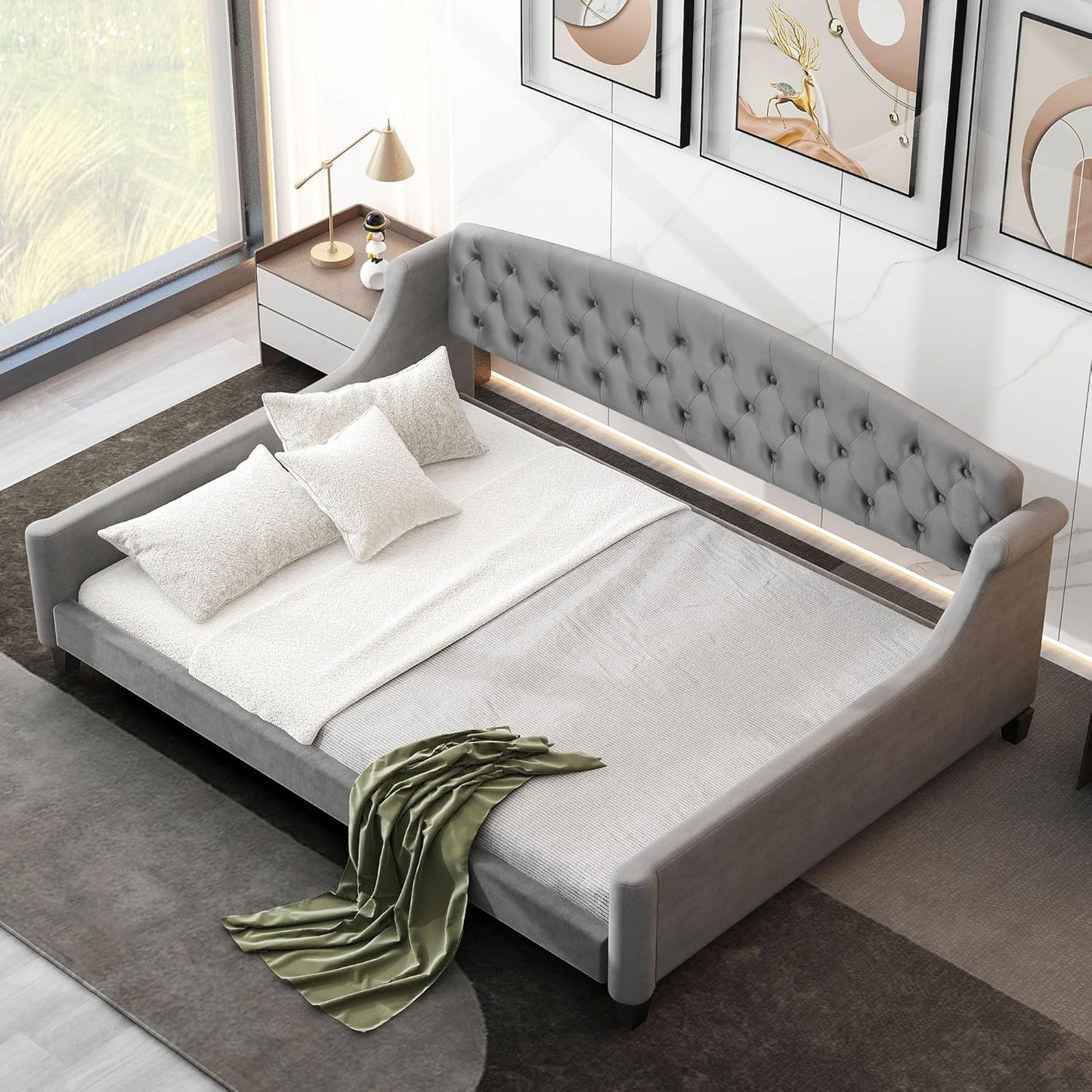 Full Size Modern Luxury Tufted Button Daybed, Stylish Wood Upholstered Day Bed,No Box Spring Required, Easy Assembly,for Bedroom,Living Room and Guest Room,Den,Office,Gray