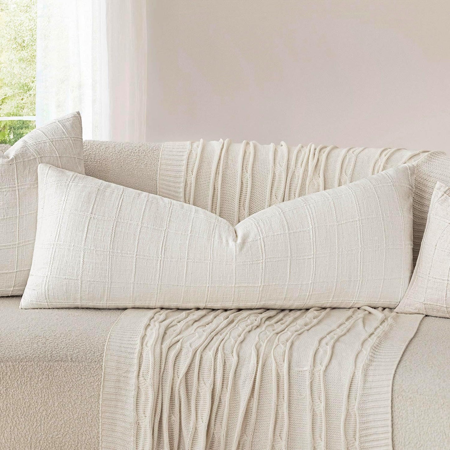 Foindtower Set of 2 Decorative Linen Check Throw Pillow Covers Neutral Long Body Lumbar Cushion Covers Farmhouse Vintage Boho Home Decor For Sofa Chair Couch Bedroom Living Room,14×36 Inch,Cream White