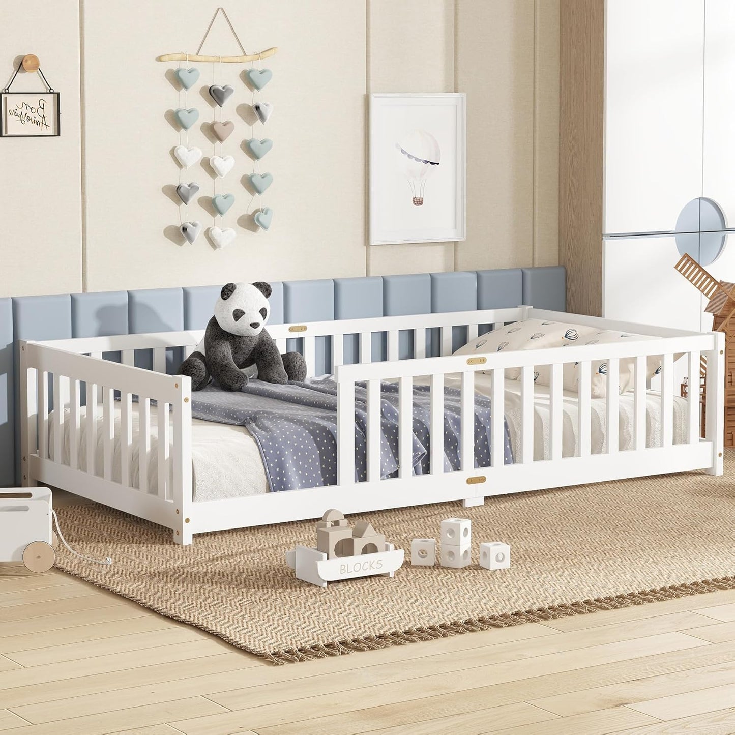 Bellemave Twin Floor Bed with Slats and Safety Guardrails, Kids Montessori Floor Beds with Fence and Without Door, Easy Assemble Floor Bed for Kids, Girls, Boys, White