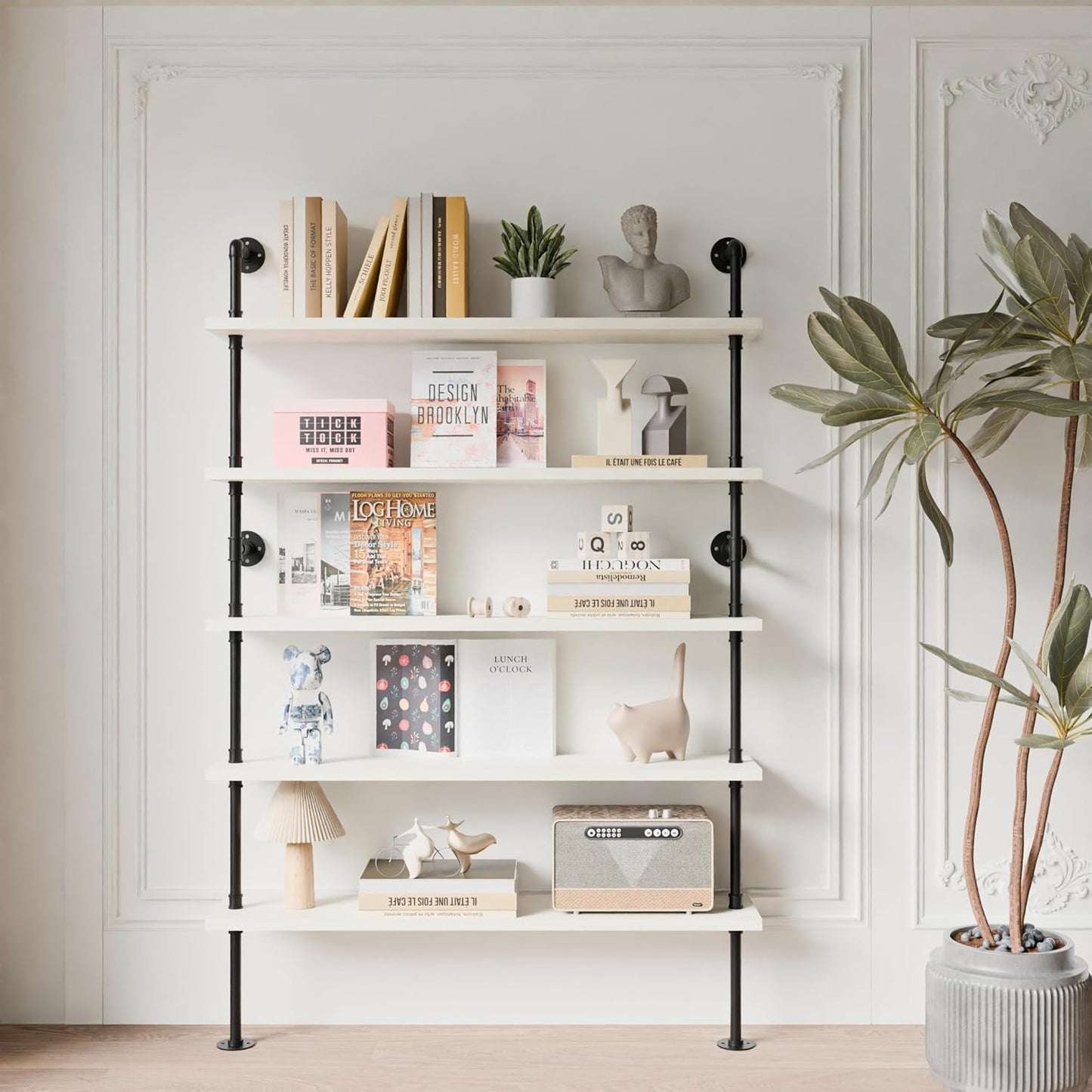 Pipe Industrial Ladder Shelves Bookcase, Wall Mounted Retro Wood Metal Pipe Rustic Bookshelf (White, 5 Tier - 10" D x 48" W x 70" H)