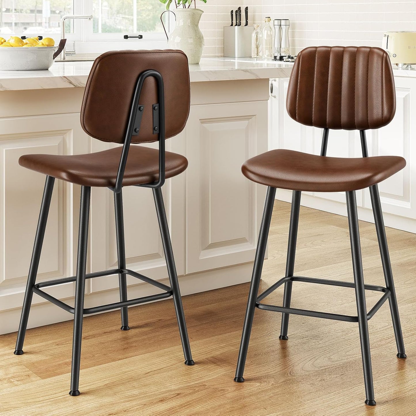 24-Inch Leather Bar Stools Set of 2, Counter Height Barstools with High Backrest，Bar Chairs for Kitchen Island with Heavy Duty Metal Legs, Dark Brown