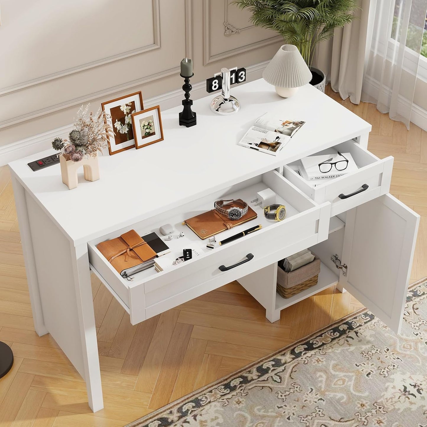 Farmhouse 47" Executive Desk, Computer Desk with Drawers and Storage Cabinet, Workstation Computer Desk for Home Office, Study.(Cream White)