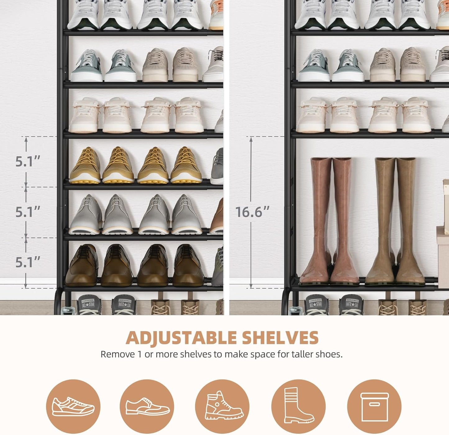 STORAGE MANIAC Expandable Shoe Rack, 44 Pairs Stackable Small Shoe Rack, Metal Adjustable Shoes Organizer for Closet, Entryway, Hallway, Garage, Front Door, Shoes Shelves, Black 10 Tier