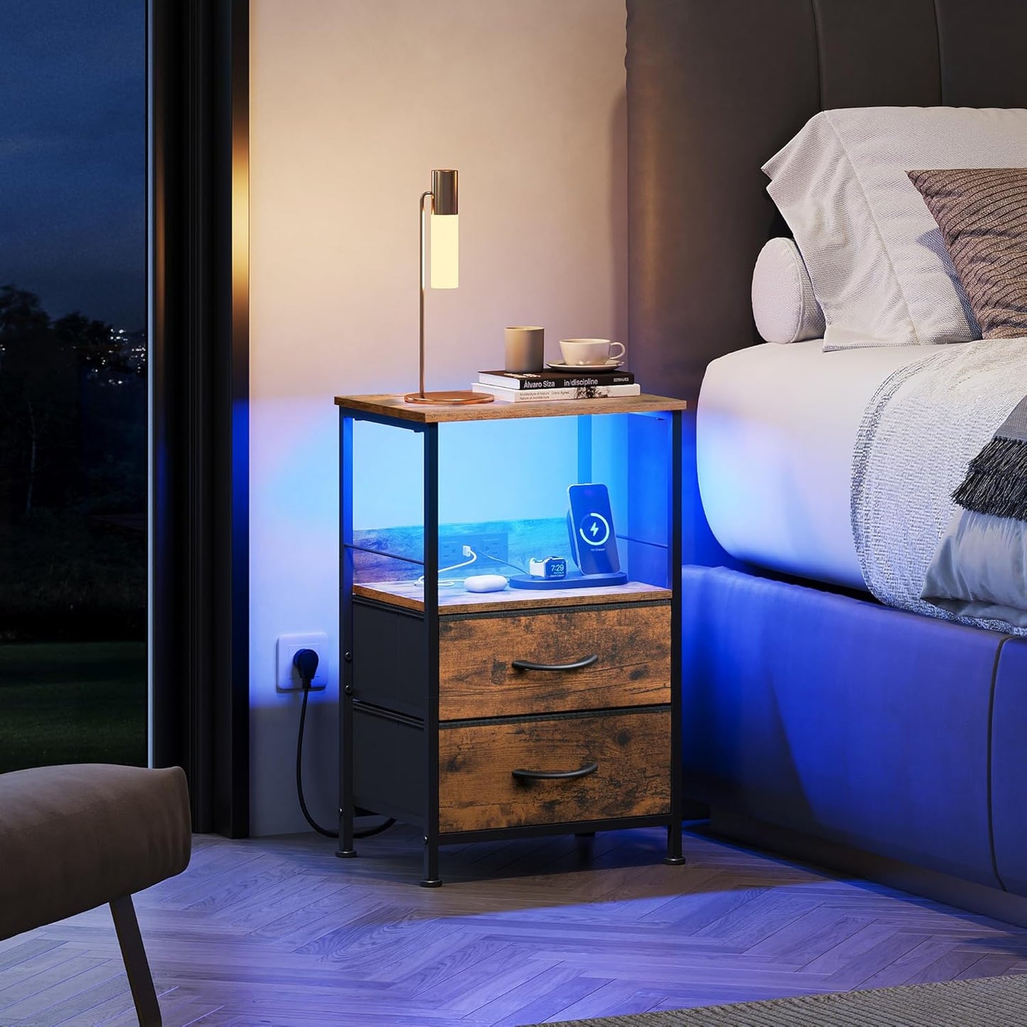 WLIVE Night Stand Set of 2 with Charging Station, LED Nightstand Sets with 2 Fabric Drawers and Storage Shelf, Small Bedside Tables for Small Spaces, Dresser for Bedroom, Rustic Brown