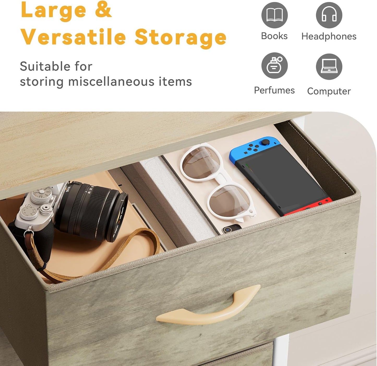 DWVO Wide Chest of Drawers, Dresser with 5 Drawers, Oak Grain Fabric Storage Tower, Dresser for Bedroom with 5 Drawers, Living Room, Closets - Sturdy Steel Frame, Wooden Top