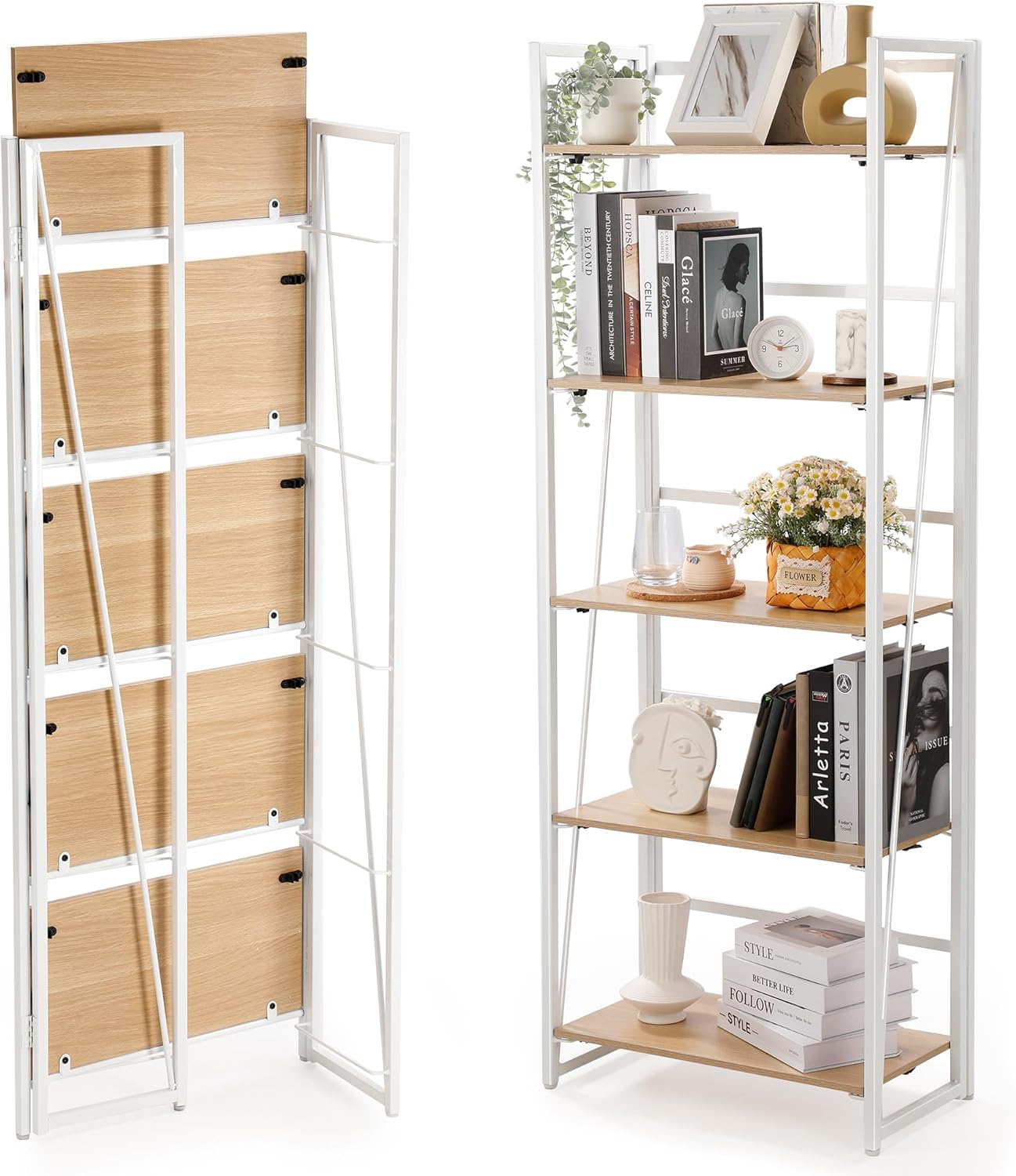Rengue No-Assembly Folding Bookshelf Storage Shelves 5 Tiers Foldable Vintage Multifunctional Plant Flower Stand Storage Rack Shelves Bookcase for Home Office, White