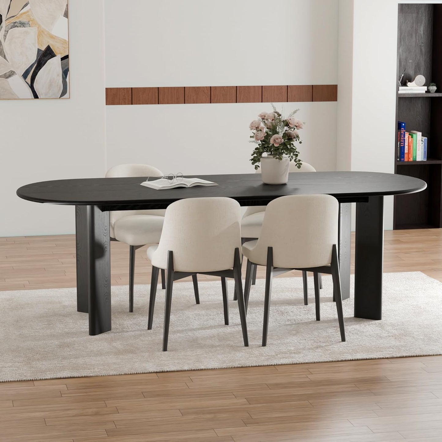 Casaphoria Wood Kitchen Table Set with 6 Chairs, 79" Dining Kitchen Table & Chairs Set for 4-6, Modern Farmhouse Oval Dining Table for Living Room, Easy Assembly, Black