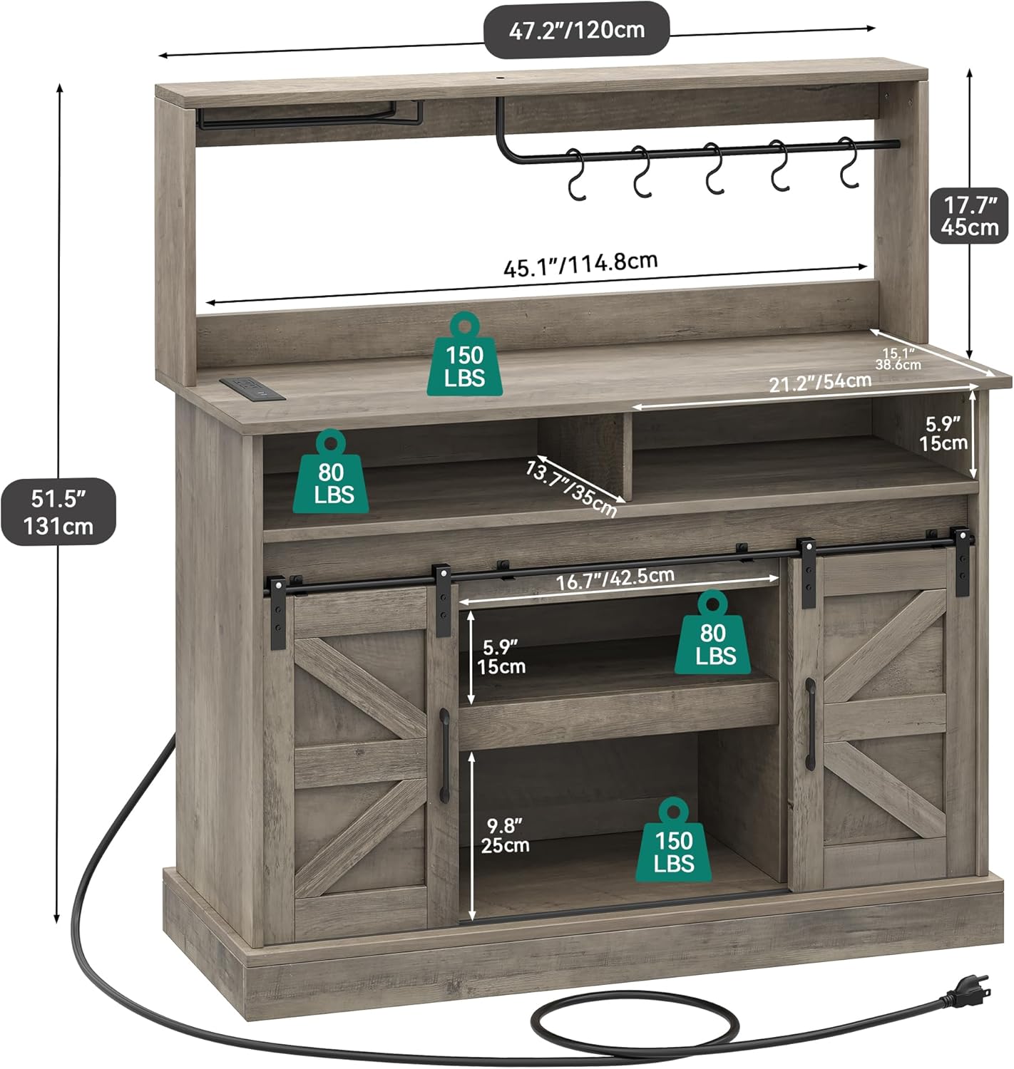 YITAHOME Buffet Cabinets with Storage, 47" Coffee Bar with Goblet Holder & Power Outlet, Farmhouse Sideboard Cabinets with Sliding Barn Doors for Kitchen, Living Room (Rustic Grey Oak)
