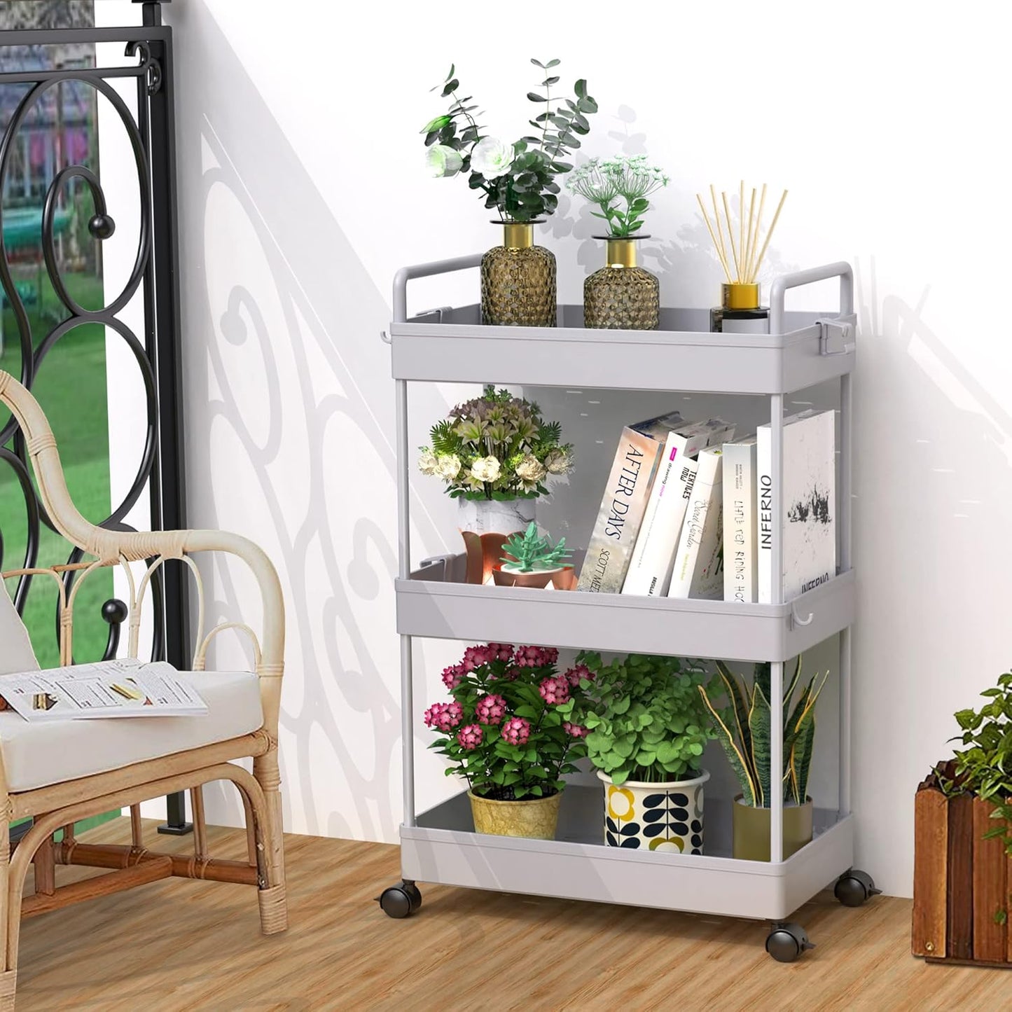 SOLEJAZZ 3 Tier Rolling Storage Cart with Wheels Slim Craft Nail Makeup Snack Art Baby Utility Cart Organizer on 2 Lockable Wheels for Bathroom Laundry Room Kitchen Bedside Narrow Spaces, Gray