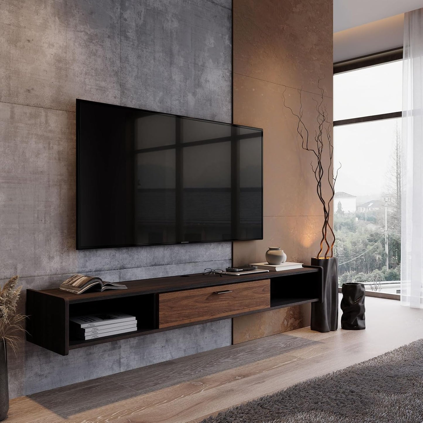 94'' Floating TV Stand,Wall Mounted TV Console,Floating TV Cabinet,Under TV Shelf for Bedroom Living Room(Walnut)