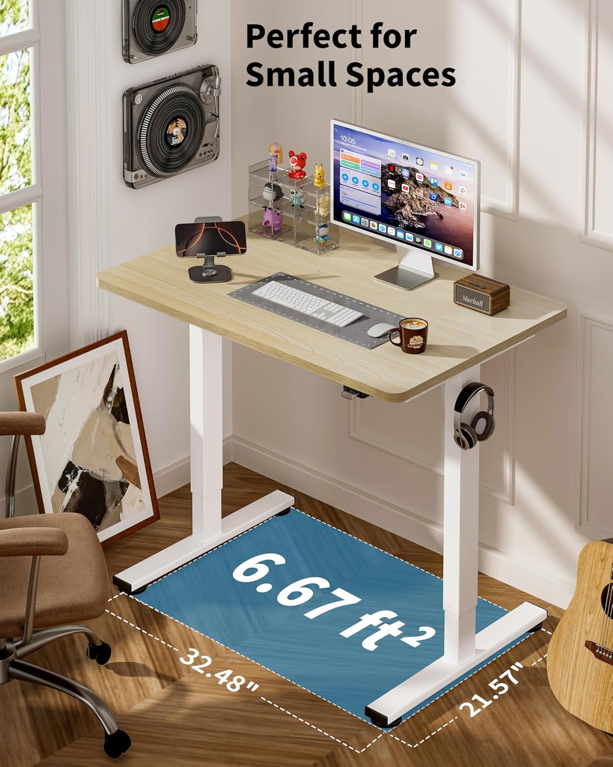 Okin Small Electric Standing Desk, 40" x 24" Whole Piece Height Adjustable Oak Sit to Stand Desk Computer Workstation for Home Office