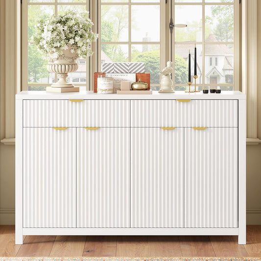 Merax Modern Wave-Pattern Sideboard Cabinet with 2 Drawers and 4 Doors,Buffet Cabinet,Aluminum Arc Handles,Scandinavian Style,Suitable for Entryway, Living Room,Foyer,White