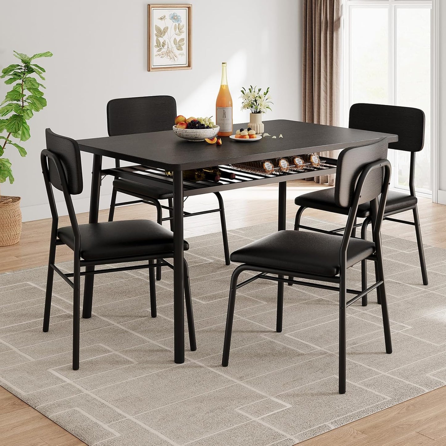 GarveeHome Dining Table Set for 4 with Storage Rack, 5-Piece Kitchen Table and Upholstered Chairs of 4, Wood Tabletop & Heavy-Duty Metel Frame, Dining Room Set for Small Space, Apartment, Black