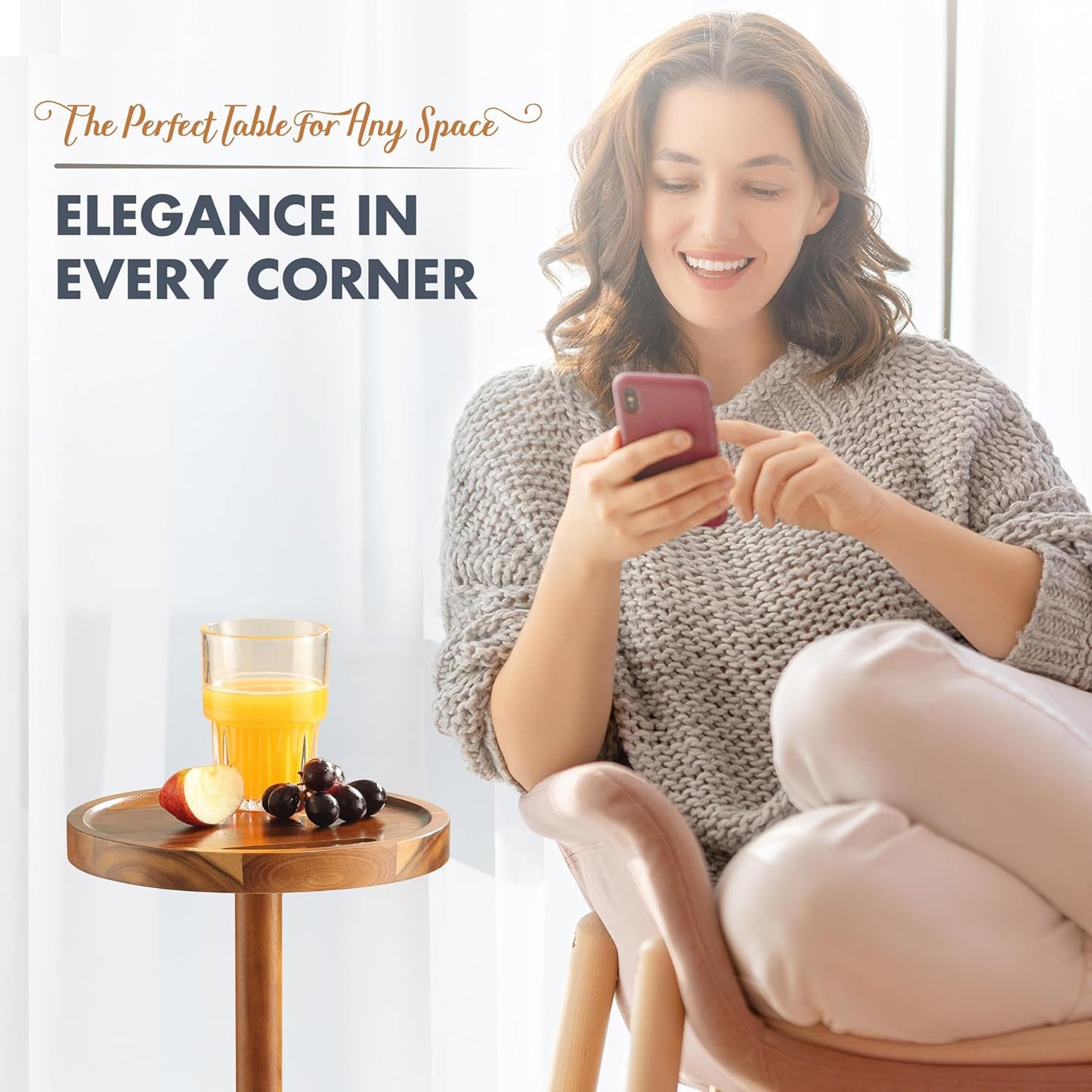 Pedestal Side Table, Acacia Drink Table with Weighted Base, Small Round Side Table for Small Spaces with Phone Holder, Martini & Cocktail Pedestal End Table for Living Room, RVs, Home Office