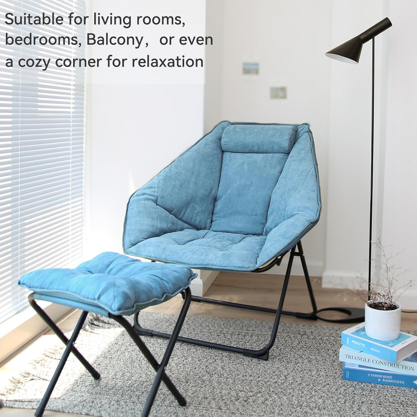 Hexagon Foldable Living Room Chair, Saucer Chair for Adults, Comfy Bedroom Lounge Chair, Moon Chair, Lazy Folding Chair for Dorm Rooms(Ottoman-Blue)