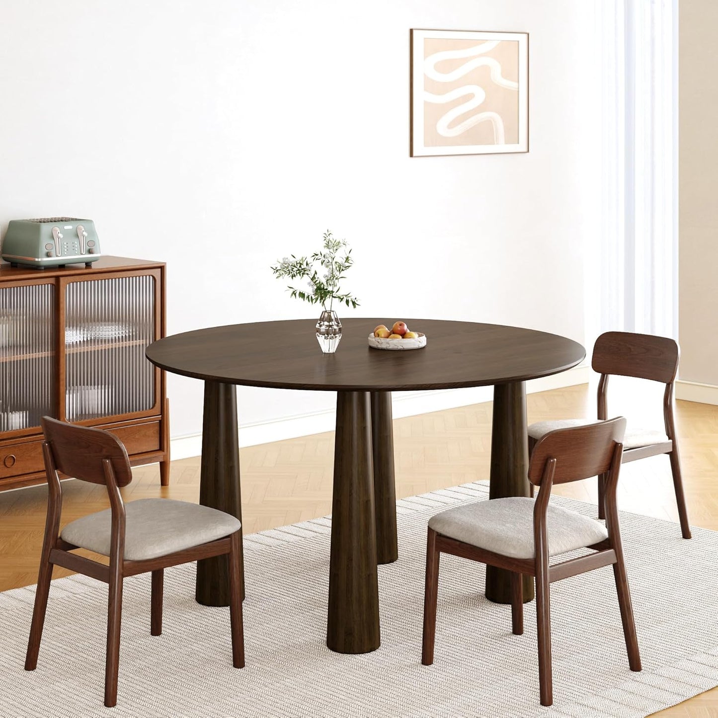Casaphoria 52" Round Dining Table, Kitchen Table for 6 with Arc-Shaped Edge Top and Cylindrical Legs, Easy Assembly for Living Room, Dining Room, Walnut