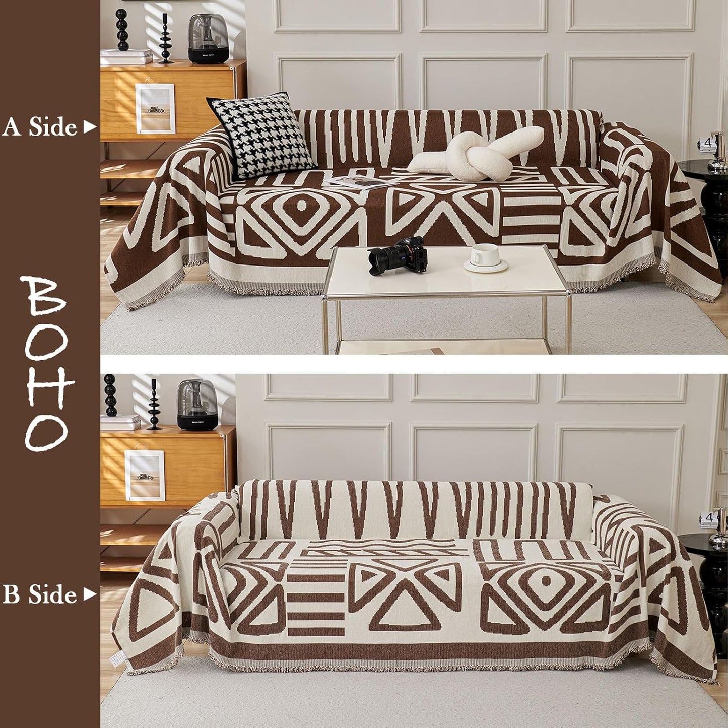 HANDONTIME Chocolate Boho Couch Cover Reversible Sofa Covers for 3 Cushion Washable Couch Sofa Cover for Dogs Dark Couches Covers Chenille Couch Protector Couch Covers for Sofa, 71" X71"