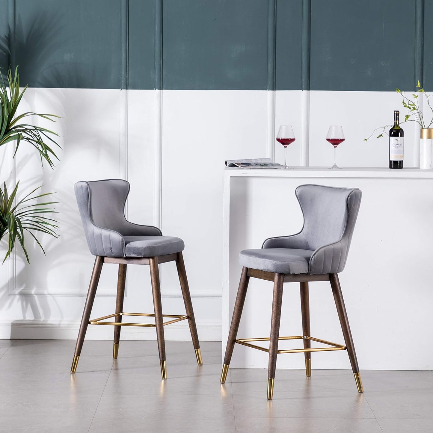 Roundhill Furniture Leland Fabric Upholstered Counter Height Wingback Stools, Set of 2, Gray