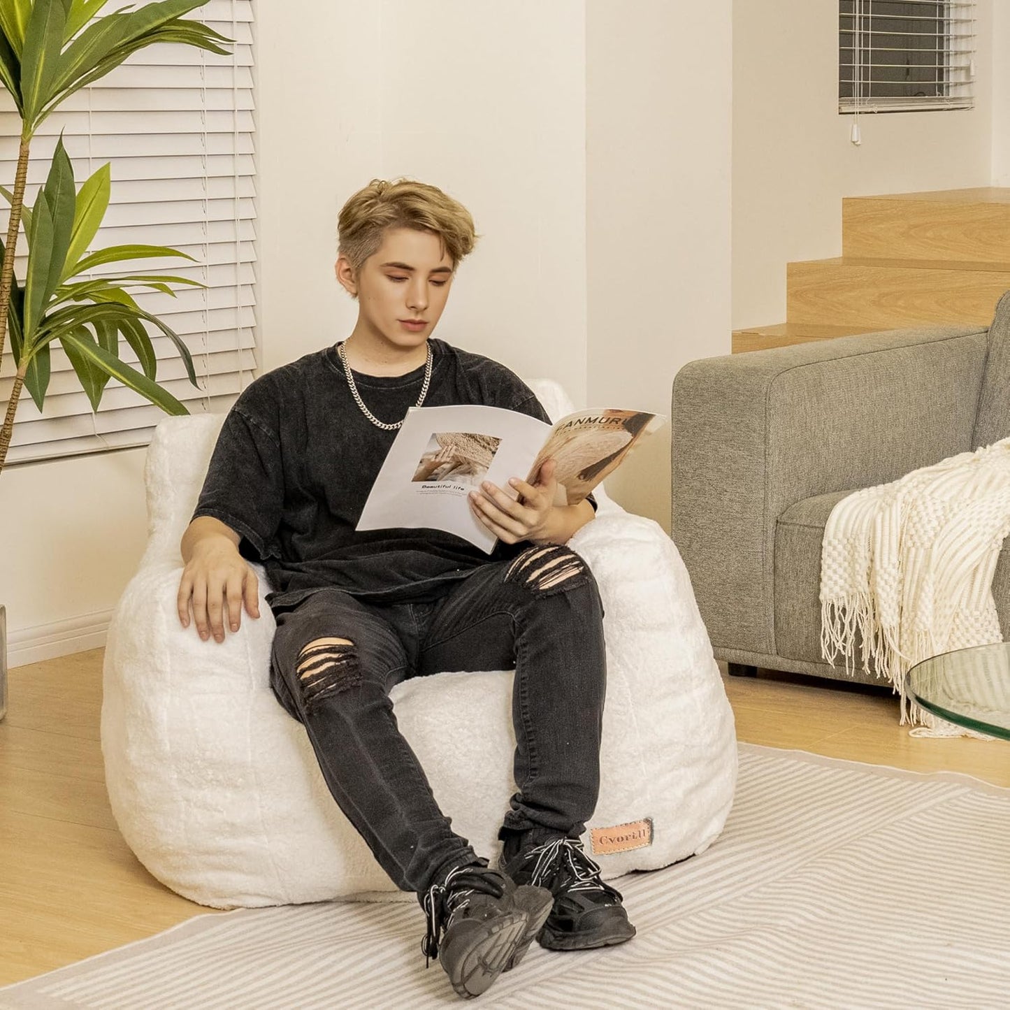 Bean Bag Chair with Filler, Bean Bag Sofa with Tufted Soft Stuffed Filling, Fluffy and Lazy Sofa, Comfy Cozy BeanBag Chairs with Memory Foam for Dorm, Apartment, Living Room (White)