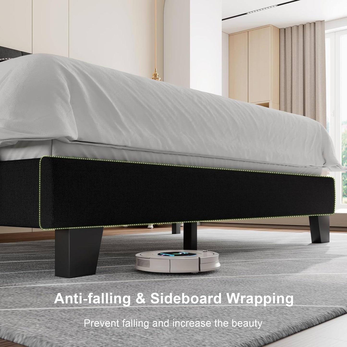 Feonase Queen Platform Bed Frame with Button Tufted Headboard, Upholstered Linen Bed with Wooden Slats Support, No Box Spring Needed, Easy Assembly, Noise-Free, Black