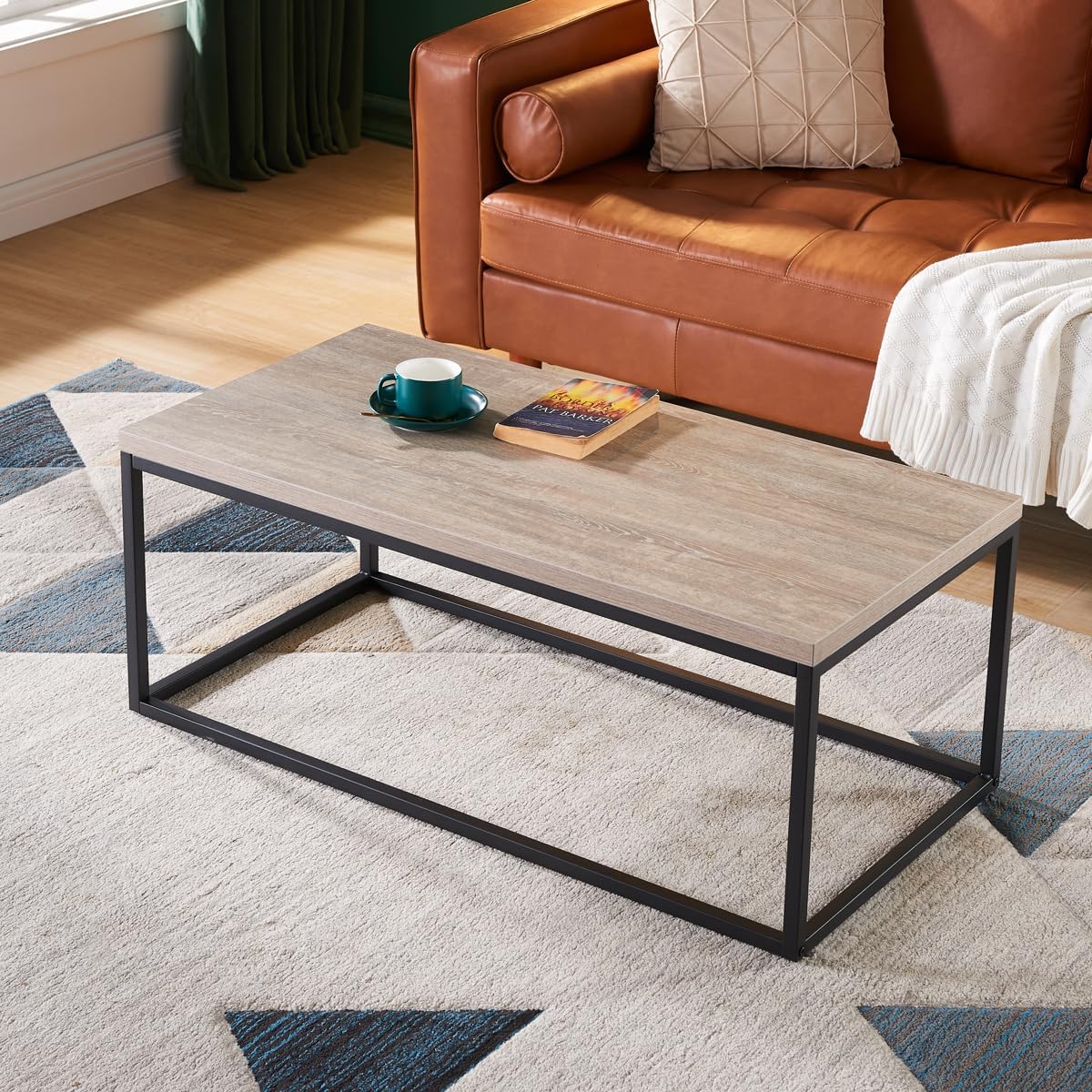 CENSI 40-in Grey Wash Accent Coffee Table Ottoman for Living Room, Rectangle, Mid-Century Modern Industrial Style, Extra Thick Top, Wood and Metal (French Oak)