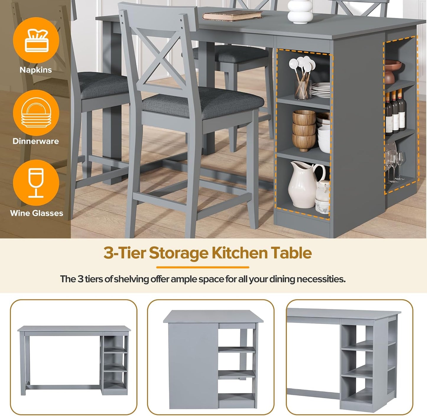 Merax 5 Piece Solid Wood Farmhouse Counter Height Dining Table Set with 3-Tier Storage Shelves,and 4 Upholstered Dining Chairs,Gray