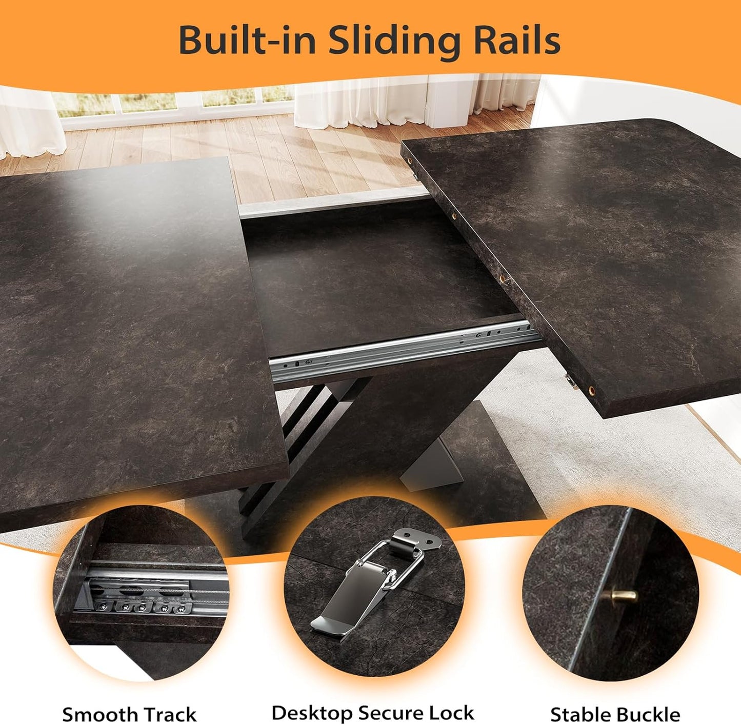 55"-70.87" Expandable Dining Table, Dinner Table for 4-8, Farmhouse Kitchen Table with X-Shaped Design Base, Rectangular Long Kitchen Table with Metal Track for Dining Room, Office-Marble